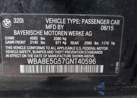 2016 BMW 320I xDrive from USA, damaged, VIN WBA8E5G57GNT40596